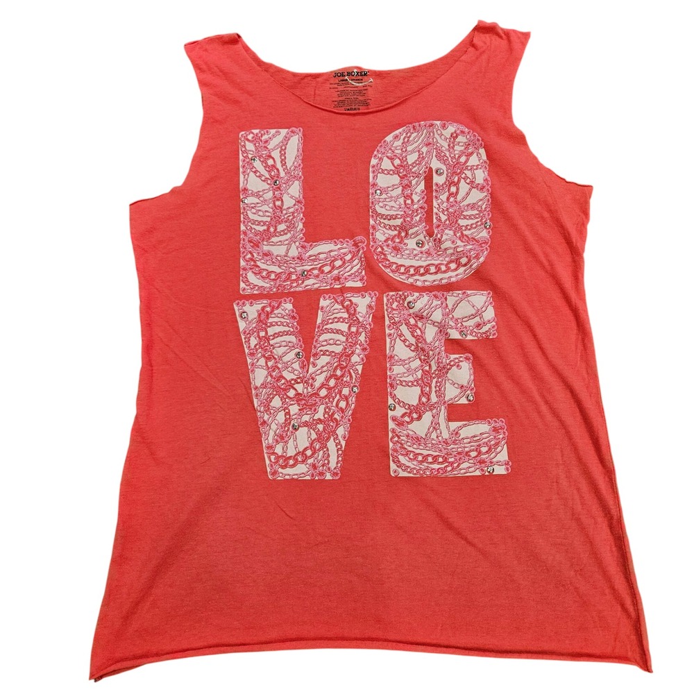 Joe Boxer Womens Large‎ Coral Pink LOVE Rhinestone Chain Graphic Tank Top